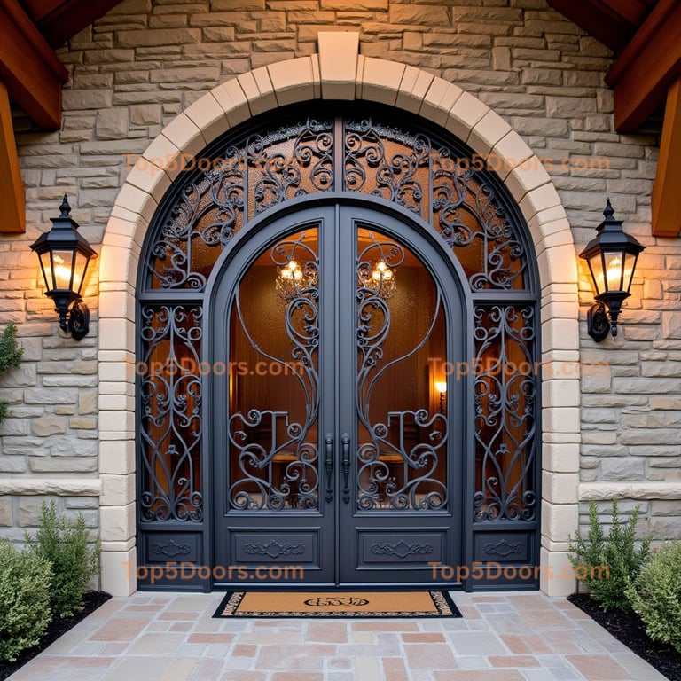 Arched Metal Door with Floral Motif