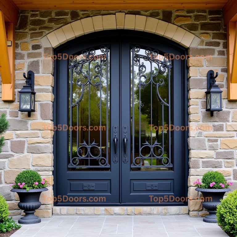 Arched Metal Door with Glass and Ironwork