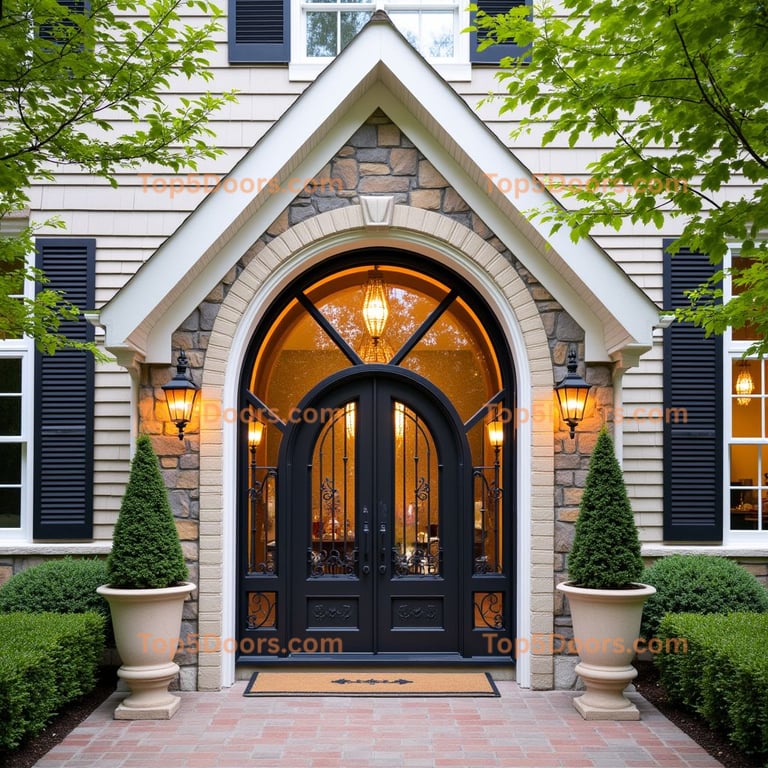 Arched Metal Door with Glass and Scrollwork