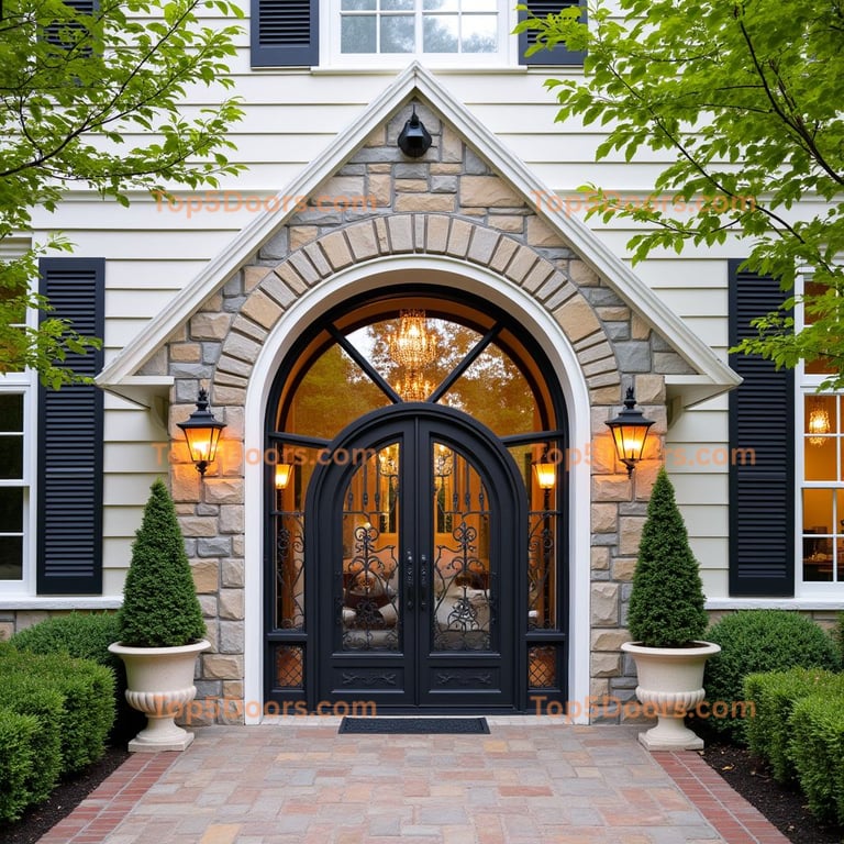 Arched Metal Door with Glass and Scrollwork