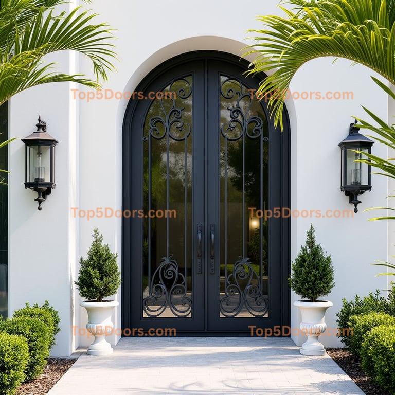 Arched Metal Door with Ironwork and Lanterns