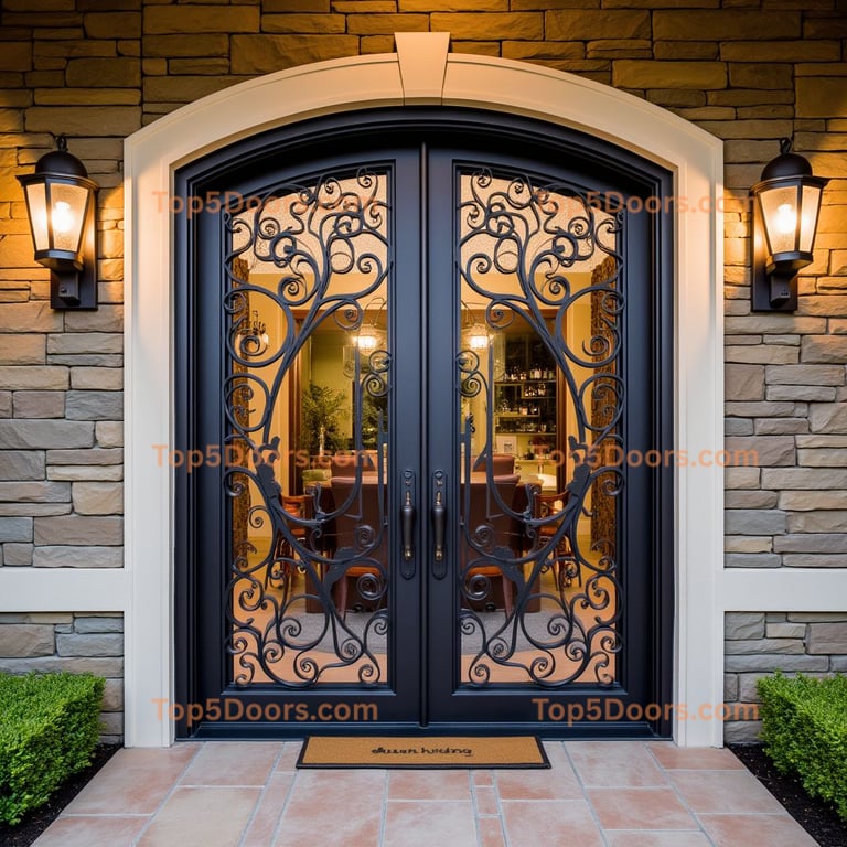 Arched Metal Front Door with Wrought Iron Design