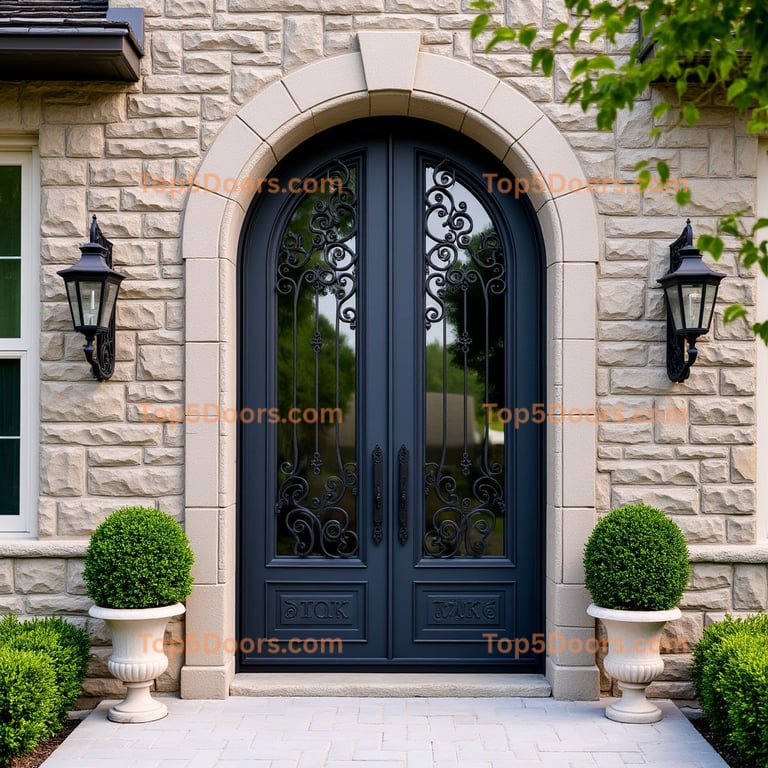 Arched Metal Door with Wrought Iron Design
