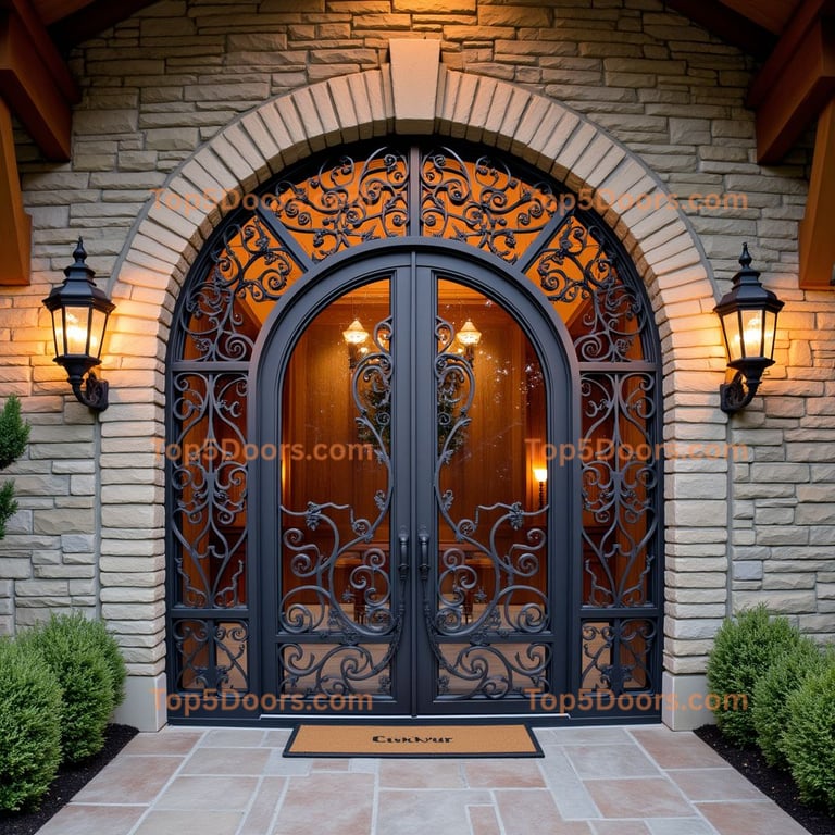 Arched Metal Door with Wrought Iron Design