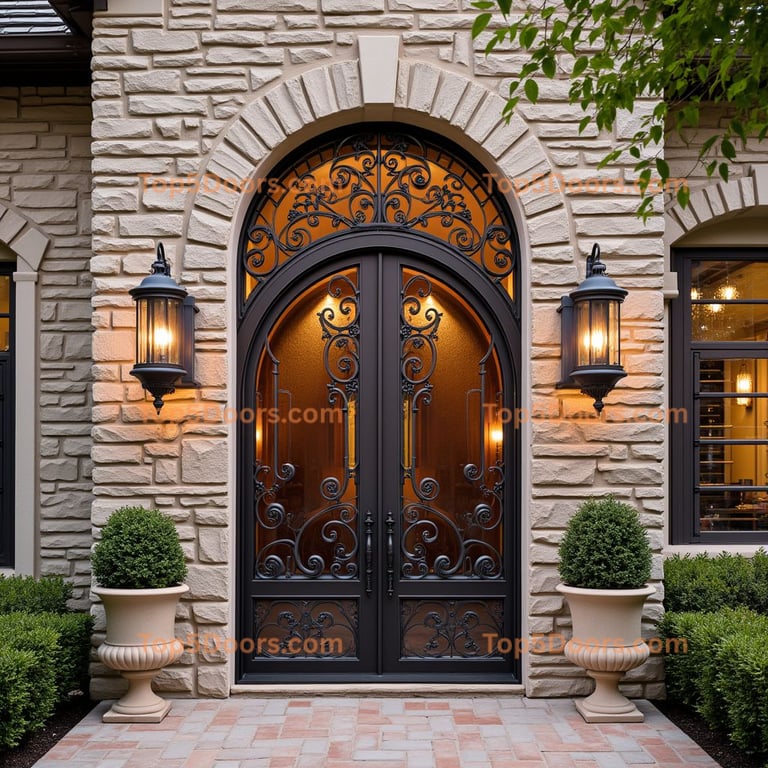 Arched Metal Door with Wrought Iron Designs