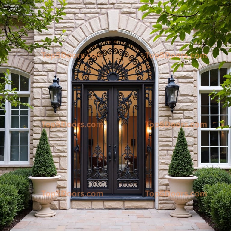Arched Metal Door with Wrought Iron Designs