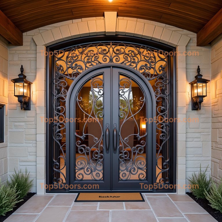Arched Metal Front Door with Wrought Iron Designs