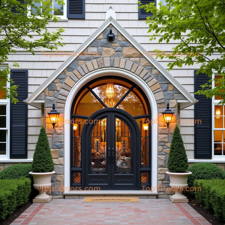 Arched Metal Doorway with Glass and Lanterns