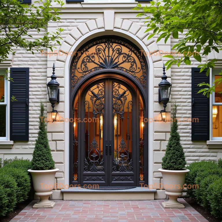 Arched Metal Doorway with Wrought Iron Scrollwork