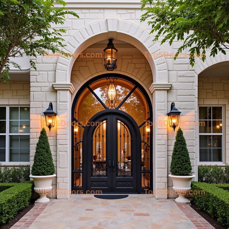 Arched Metal Double Door with Glass and Grille