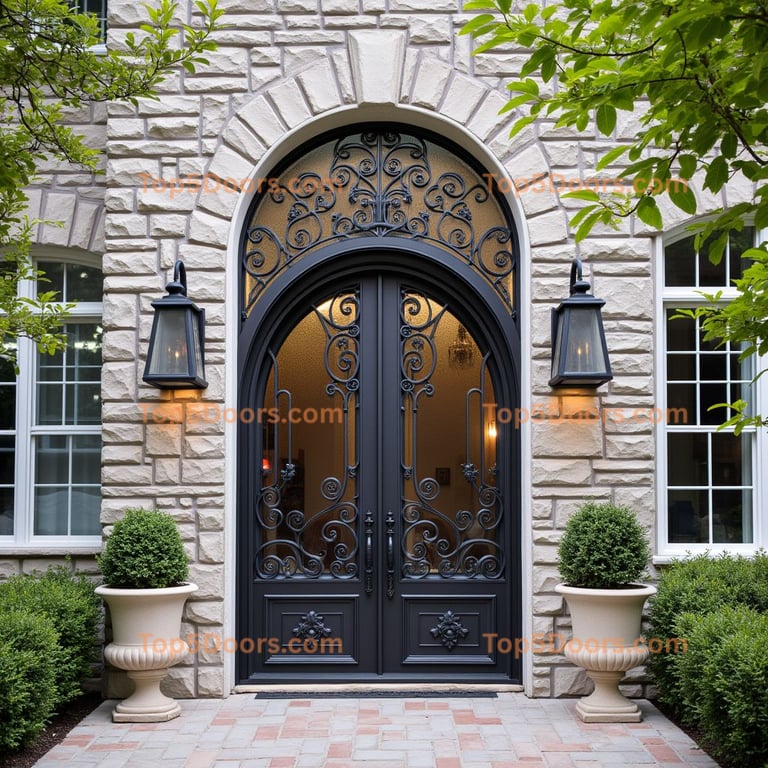 Arched Metal Double Door with Glass and Iron