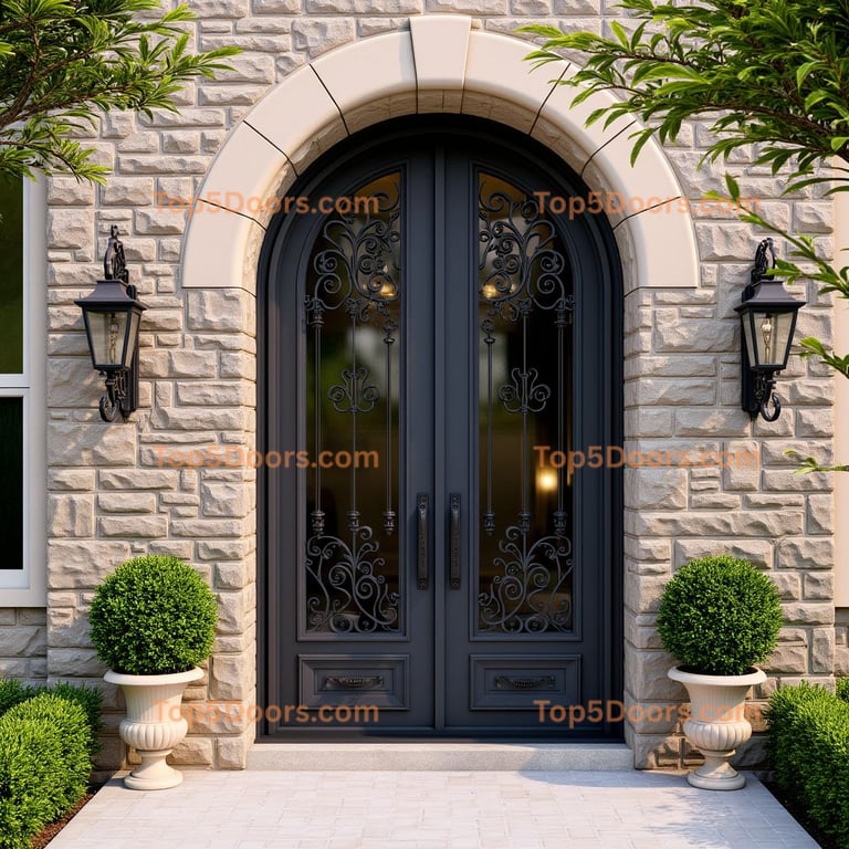 Arched Metal Double Door with Glass Inserts