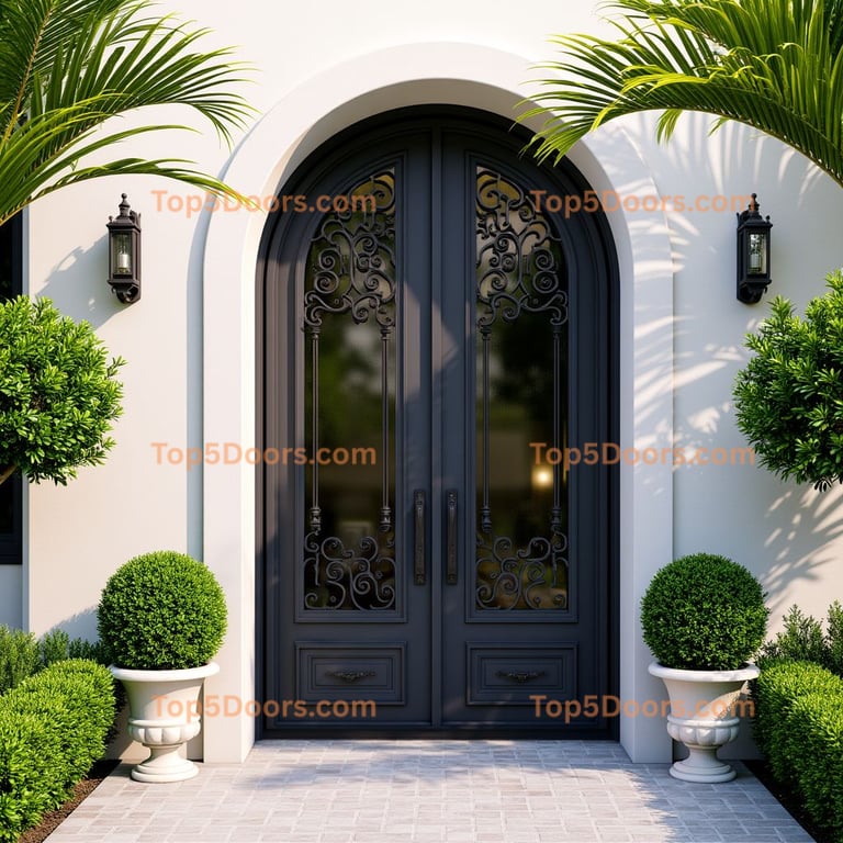 Arched Metal Double Door with Wrought Iron