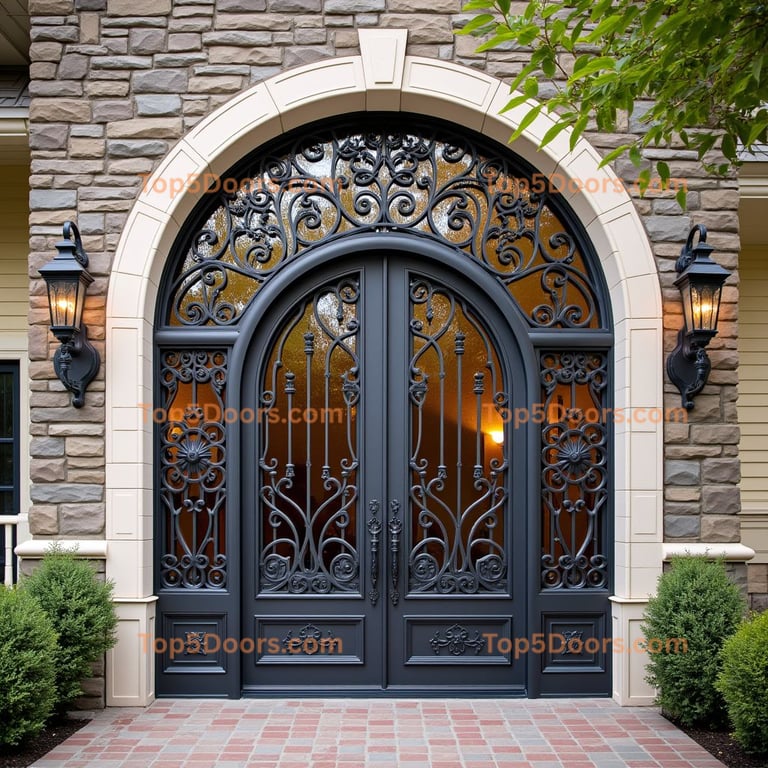 Arched Metal Double Door with Wrought Iron Design