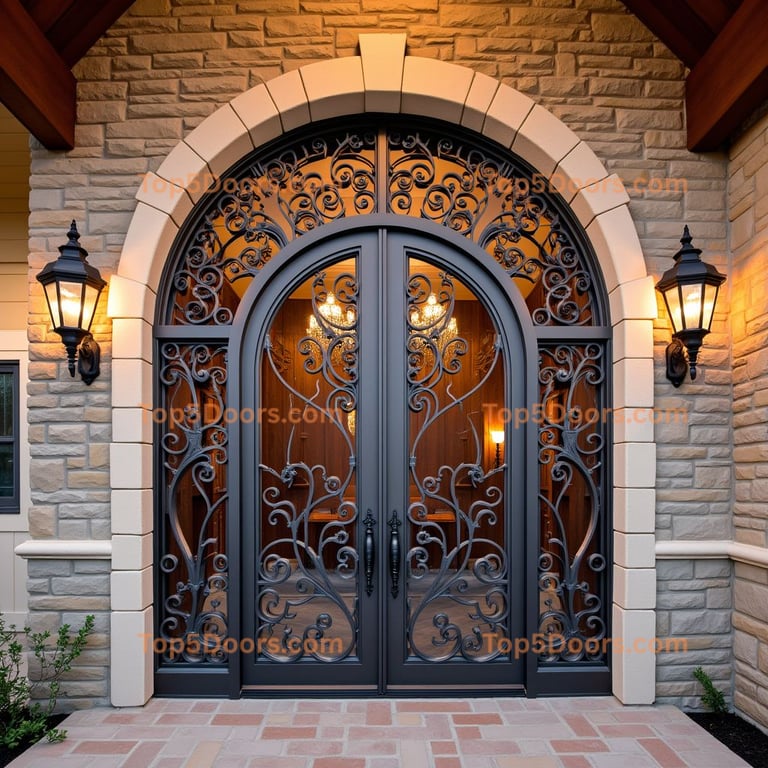 Arched Metal Double Door with Wrought Iron Design