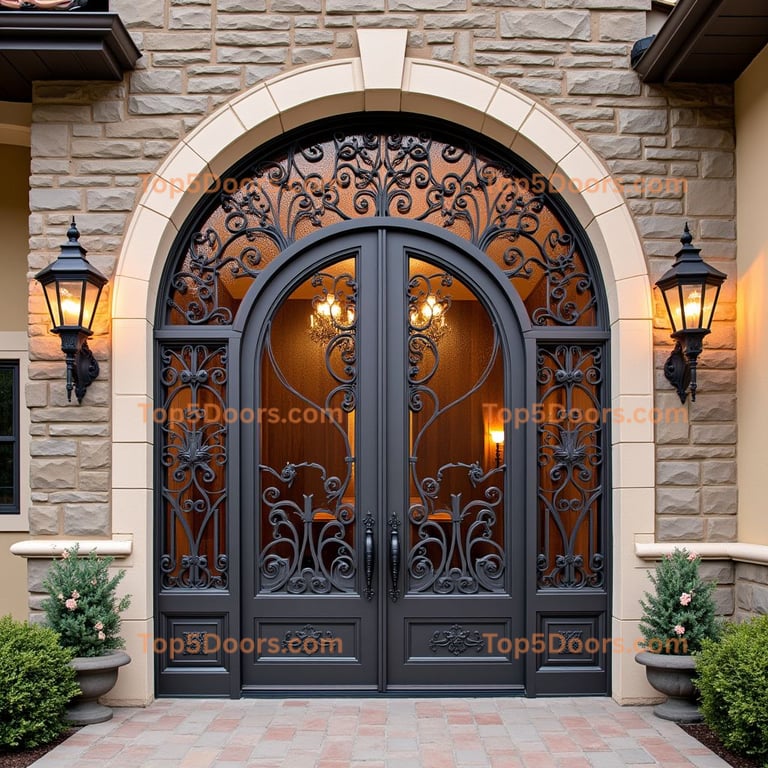 Arched Metal Double Door with Wrought Iron Scrollwork