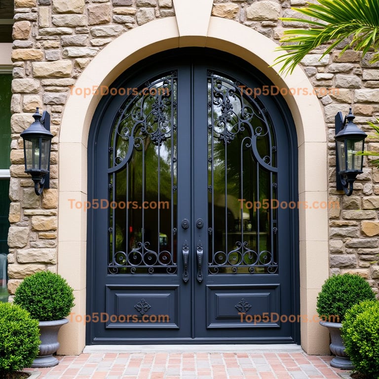 Arched Metal Double Doors with Glass and Ironwork