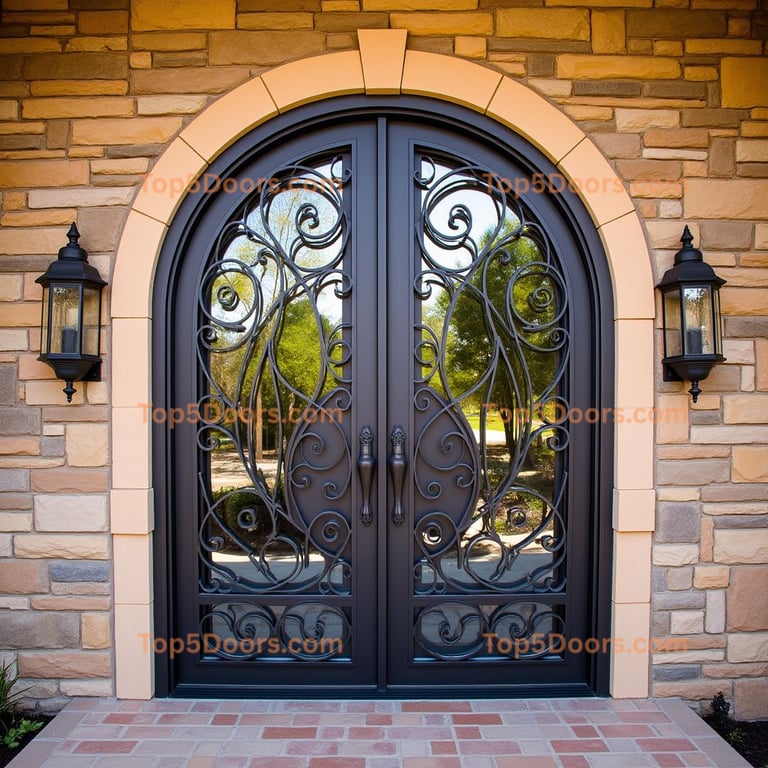 Arched Metal Double Doors with Glass and Lanterns