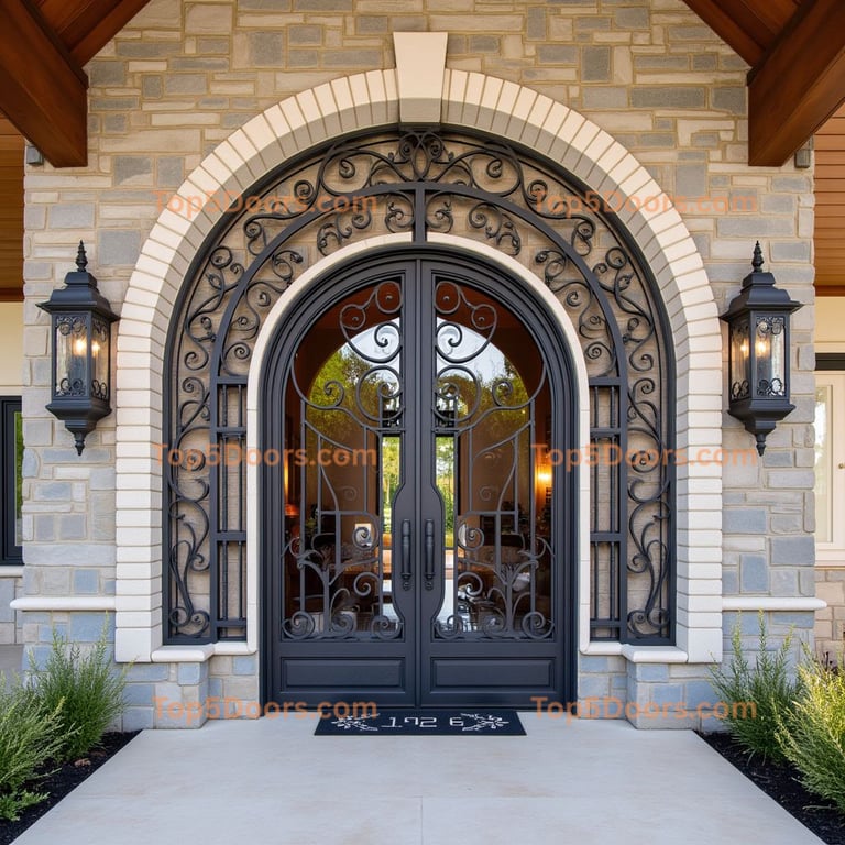 Arched Metal Double Doors with Glass Panes