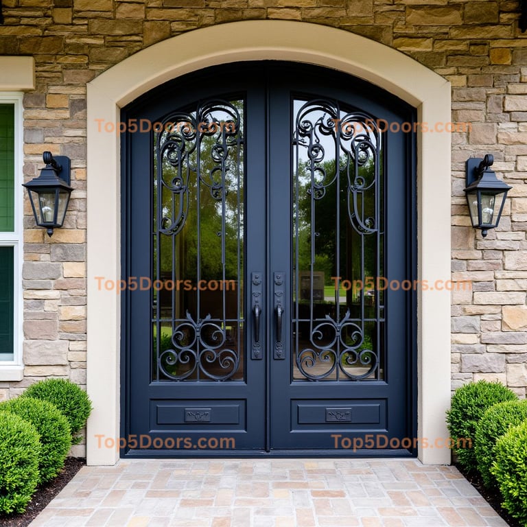 Arched Metal Double Doors with Wrought Iron