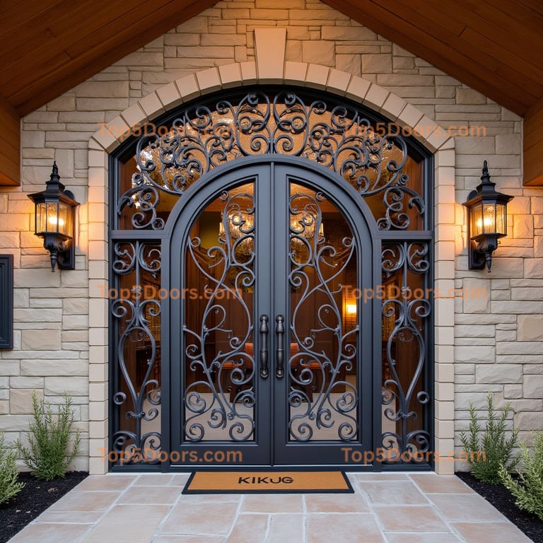 Arched Metal Entryway with Wrought Iron