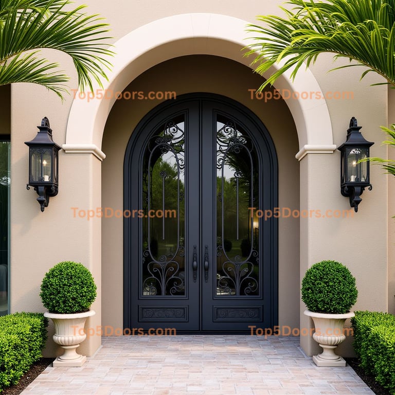 Arched Metal Front Door with Scrollwork
