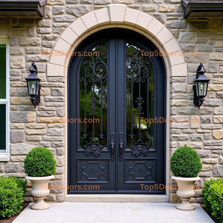 Arched Double Front Door With Metal Scrollwork, Glass Panels, and Stone Frame