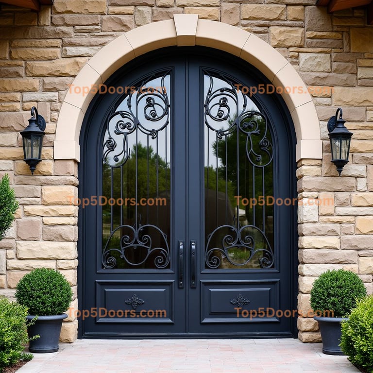 Arched Metal Front Door with Wrought Iron