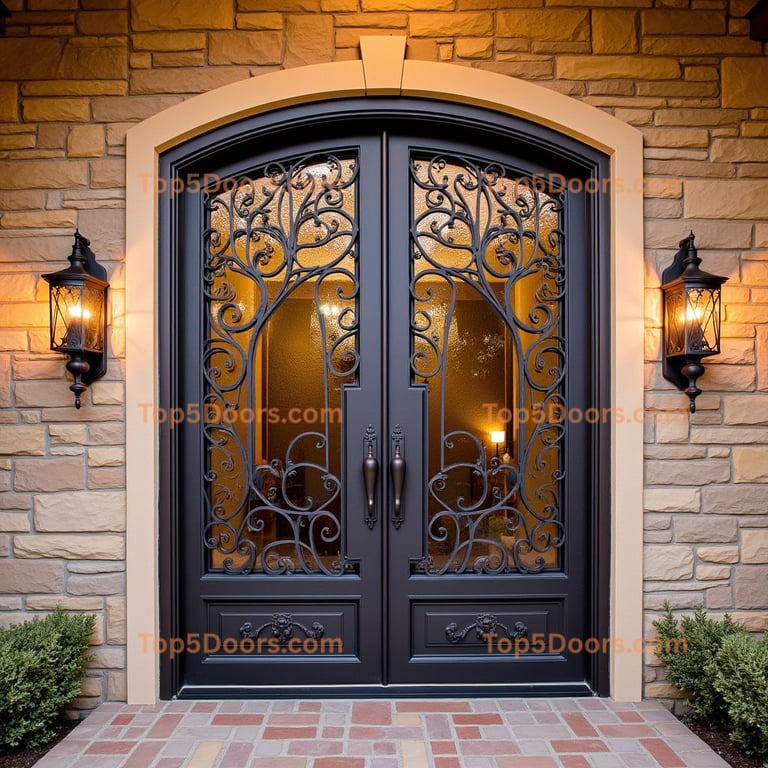Arched Metal Front Door with Wrought Iron Design