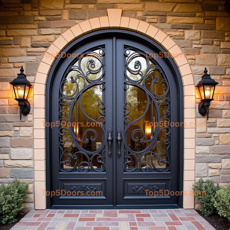 Arched Stone Doorway with Glass and Iron