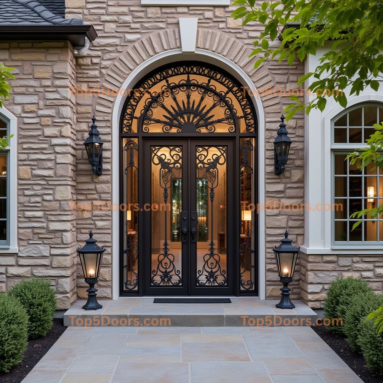 Arched Stone Entrance with Wrought Iron Doors