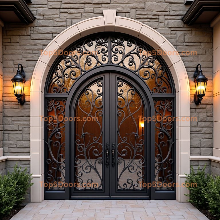 Arched Stone Entry Door with Wrought Iron Scrollwork