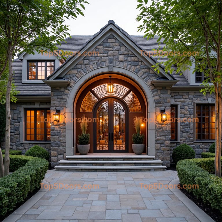 Arched Stone Entryway with Wrought-Iron Door