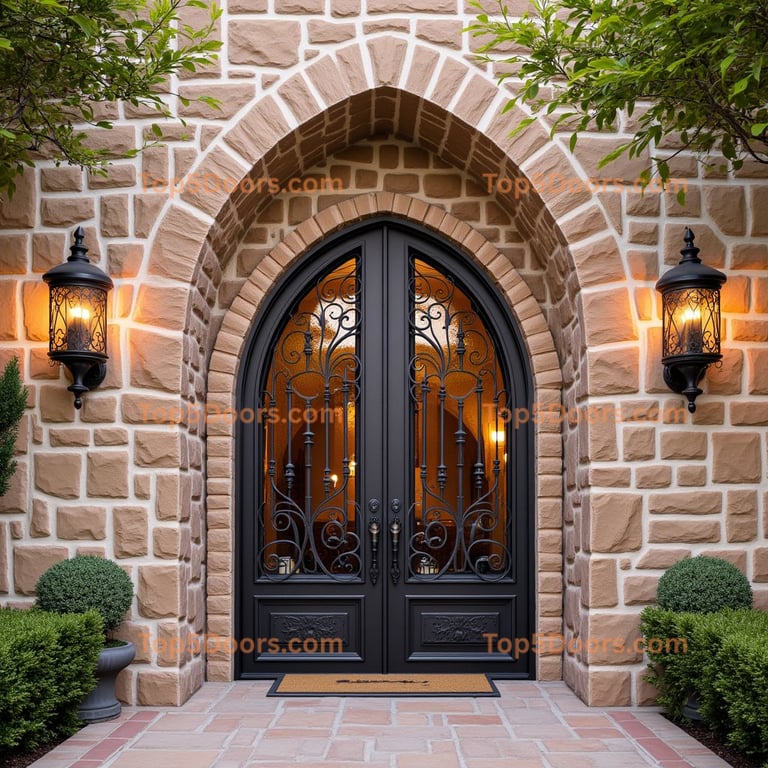 Arched Stone Entryway with Wrought Iron Grille Doors
