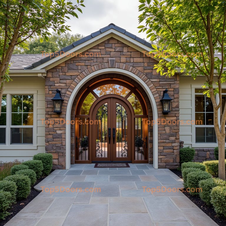 Arched Wooden Door with Glass and Iron