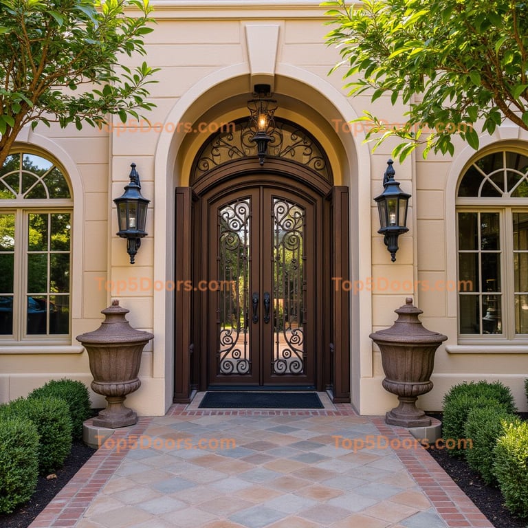 Arched Wooden Door with Glass and Iron