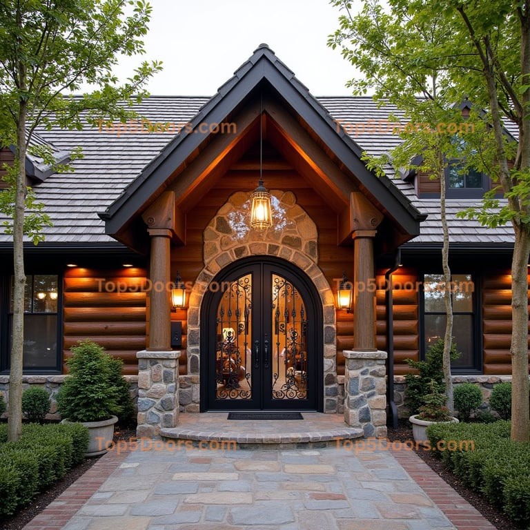 Arched Wooden Door with Glass and Lanterns