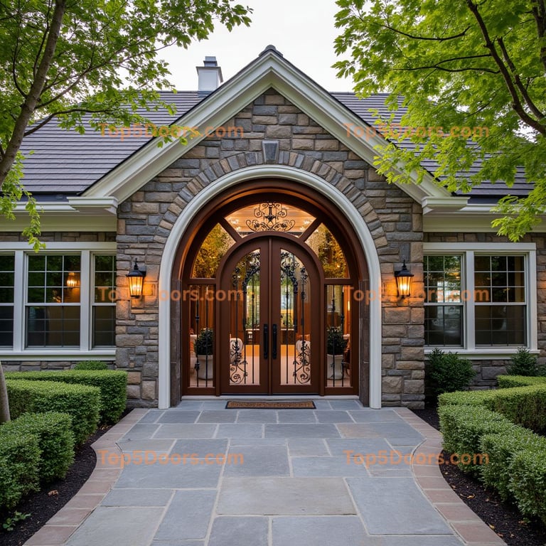 Arched Wooden Door with Wrought Iron and Stone Facade