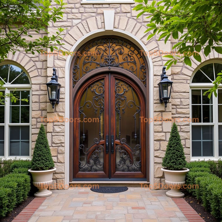 Arched Wooden Doorway with Wrought Iron