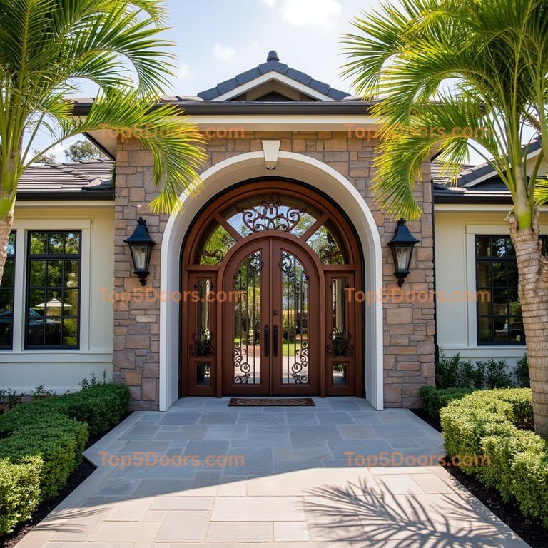 Arched Wooden Double Door with Metal Grill