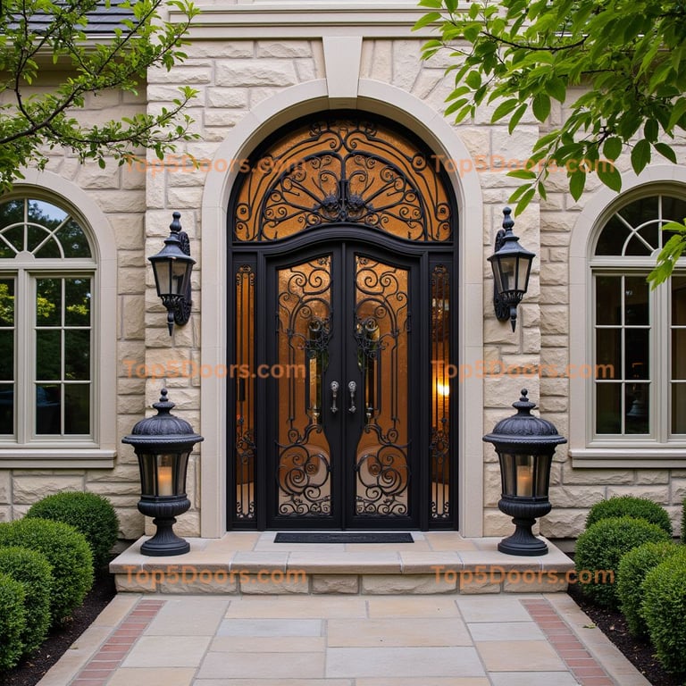 Arched Wrought Iron and Glass Double Door