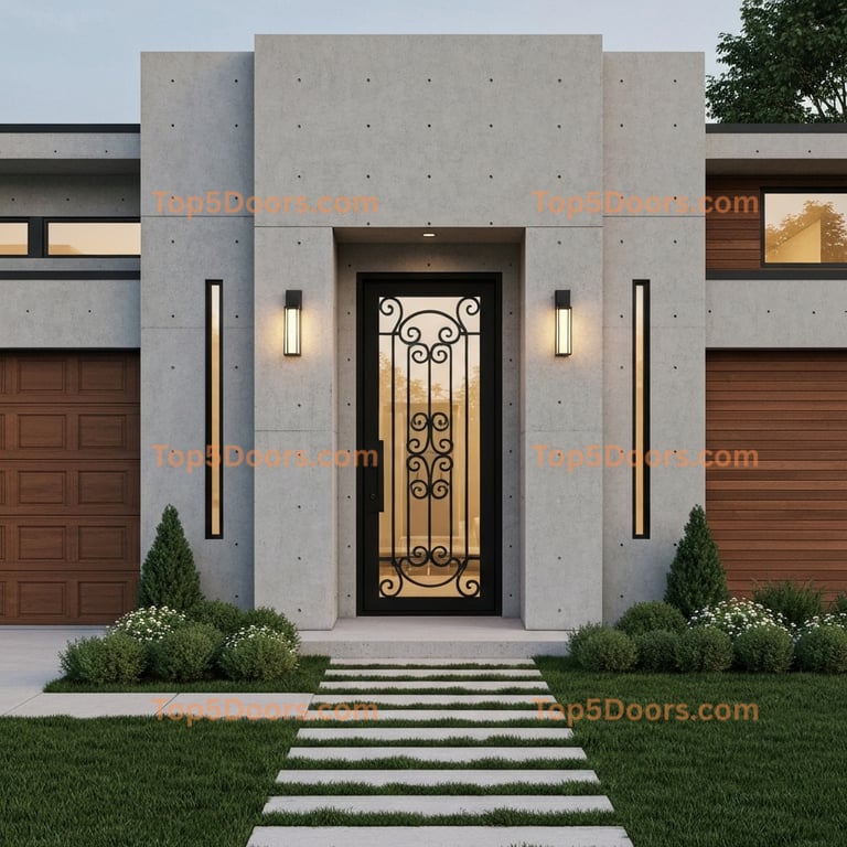 Ornate Wrought Iron Black Metal Door for Modern Concrete Facade