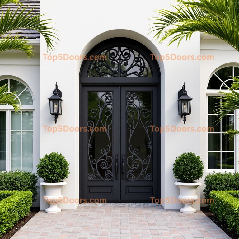 Black Glass Double Doors with Ornate Scrollwork