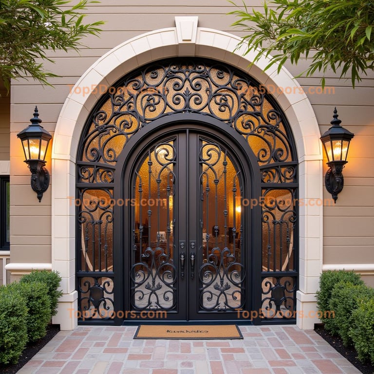 Black Iron Door with Wrought Iron Scrollwork
