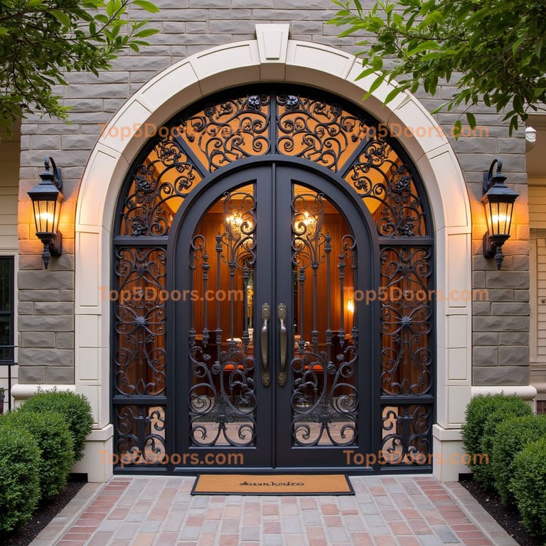 Ornate Black Iron Double Door With Arched Top and Glass Sidelights
