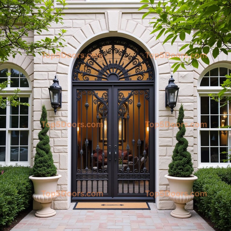 Black Iron Double Door with Sunburst Transom