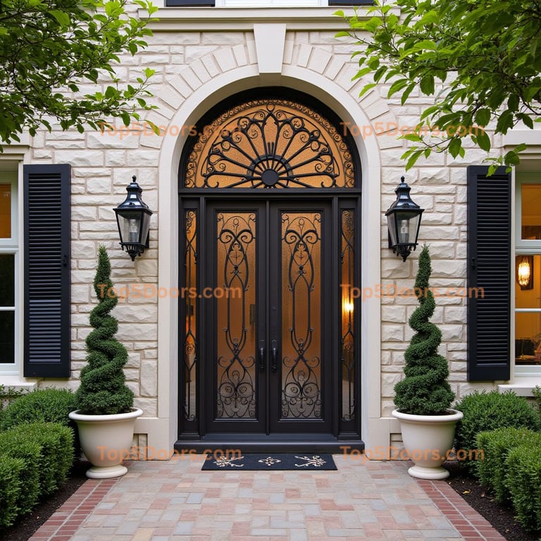 Black Ironwork Double Door with Sunburst Transom