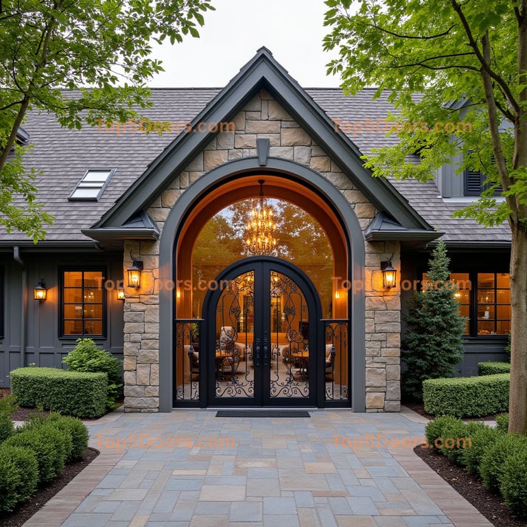 Black Metal Double Door with Glass and Scrollwork