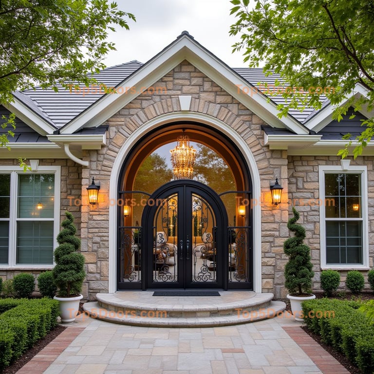Black Metal Double Door with Wrought Iron Scrollwork