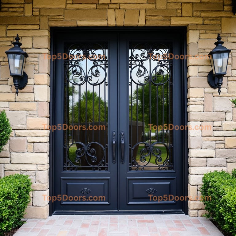 Black Metal Double Doors with Wrought-Iron Design